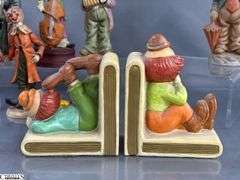 Clown Collectibles, Roly Poly Clown Bank, Lefton Bookends, Marked Taiwan Figurines, And Composite Bank, Tallest 8"