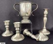 4 Weighted Pewter Candle Holders, Rough Shape Double Handle Trophy Style Cup, One Is Damaged Tallest 8.25"
