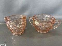 5 pcs Pink Depression Glass - Cream and Sugar, Bowl, Divided Plate, and Dish - 10" of bowl