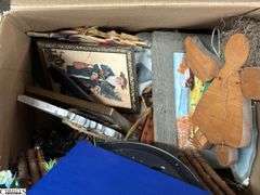 SKID of Boxed Lots, Garden Statue, Parlor Chair Plant Stand, Angels, Ornaments, Bells, Milk Glass Baskets, Figural Bells, Frames, Art Glass Paperweights, SKID is Not Included