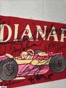 Indianapolis Speedway Autographed Pennant.  Autographs include Jim Nabors, Tom Sneva, Johnny Rutherford, Michael Andretti, Robby Buell, Eddie Cheever, Billy Boat, Rodger Ward, Poncho Carter, Jim Rathmann, Robby Unser, Scott Goodyear and Others