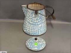 2 Blue and White Swirl Enamelware Coffee Pots - 11" of tallest - Some wear, chipping