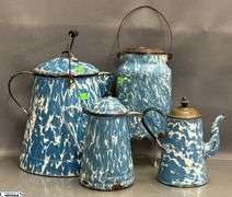 4 Blue and White Enamel Swirl Large Coffee Pot, Milk Jug, 2 Coffee Pots - Some wear/chipping - 12" of tallest