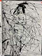 2 Luis Espinoza Black Acrylic Painting on White Canvases Figure #10 & 11, Man and Woman 22x26.5"