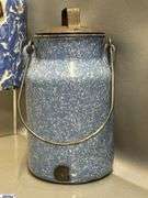 3pcs Swirl and Spatter Enamelware Milk Jugs - One missing lid - 8" of tallest - Some wear, chipping