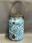 4 Blue and White Enamel Swirl Large Coffee Pot, Milk Jug, 2 Coffee Pots - Some wear/chipping - 12" of tallest