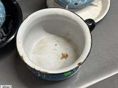 3 Swirl Enamel Pot, Bowl, 2 Pots - 2 Enamelware Plates - Some wear, chipping - 10" of plate
