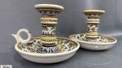 Pair of Portugal Hand Made and Painted Chambersticks 4.5"