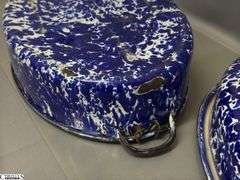 Blue and White Swirl Enamelware Roaster - Some wear, chipping - 18"
