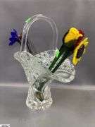 Glass Flower Stems, Etched Vase and Basket Tallest 19"
