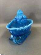 West Moreland Blue Santa On Sleigh, Lidded Piano St Claire Glass Works, Hand Made Glass Basket, Cobalt Dish