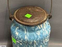 4 Blue and White Enamel Swirl Large Coffee Pot, Milk Jug, 2 Coffee Pots - Some wear/chipping - 12" of tallest
