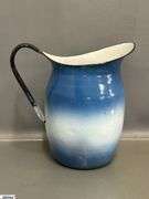 3 Enamelware Pitchers - Swirl and Ombre - 11" of tallest - some wear, chipping