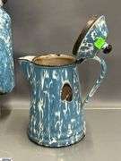 4 Blue and White Enamel Swirl Large Coffee Pot, Milk Jug, 2 Coffee Pots - Some wear/chipping - 12" of tallest