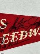 Indianapolis Speedway Autographed Pennant.  Autographs include Jim Nabors, Tom Sneva, Johnny Rutherford, Michael Andretti, Robby Buell, Eddie Cheever, Billy Boat, Rodger Ward, Poncho Carter, Jim Rathmann, Robby Unser, Scott Goodyear and Others