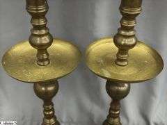 Pair of Brass Candle Sticks With Drip Trays 37"
