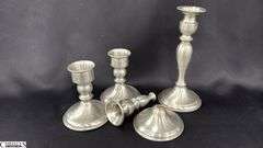 4 Weighted Pewter Candle Holders, Rough Shape Double Handle Trophy Style Cup, One Is Damaged Tallest 8.25"