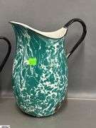 3 Enamelware Pitchers - Swirl and Ombre - 11" of tallest - some wear, chipping
