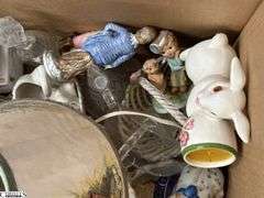 SKID of Boxed Lots, Garden Statue, Parlor Chair Plant Stand, Angels, Ornaments, Bells, Milk Glass Baskets, Figural Bells, Frames, Art Glass Paperweights, SKID is Not Included