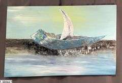 Samuel Tinoco Boat at Sea, Impressionist Acrylic Painting On Canvas 35x56"