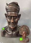 2 Carved Wood East Indies Style Busts - 9.5" x 13" of largest - on is chipped