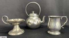 3pcs Pewter Tea Pot, Candle Holder, 1/2 Pint Mug Tallest 7.5"