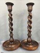 6pcs, 3 Pair of Wooden Candlesticks with Barley Twist and Pricket Style Tallest Pair 14"