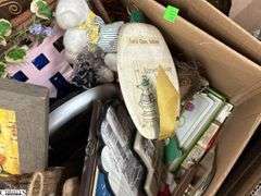 SKID of Boxed Lots, Garden Statue, Parlor Chair Plant Stand, Angels, Ornaments, Bells, Milk Glass Baskets, Figural Bells, Frames, Art Glass Paperweights, SKID is Not Included