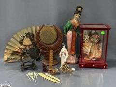 Chinese Dinner Gong, Figurines, Fans, Doll In Case 11"