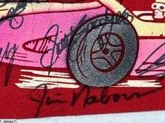 Indianapolis Speedway Autographed Pennant.  Autographs include Jim Nabors, Tom Sneva, Johnny Rutherford, Michael Andretti, Robby Buell, Eddie Cheever, Billy Boat, Rodger Ward, Poncho Carter, Jim Rathmann, Robby Unser, Scott Goodyear and Others