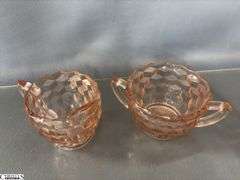 5 pcs Pink Depression Glass - Cream and Sugar, Bowl, Divided Plate, and Dish - 10" of bowl