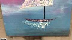 Samuel Tinoco Boat #10, Acrylic Purple and Blue Sky, Measures 35x55"