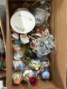 SKID of Boxed Lots, Garden Statue, Parlor Chair Plant Stand, Angels, Ornaments, Bells, Milk Glass Baskets, Figural Bells, Frames, Art Glass Paperweights, SKID is Not Included