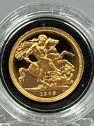 1979 United Kingdom Proof Sovereign Gold Coin in Box with a Portrait of Queen Elizabeth II on One Side and Depicts Saint George Slaying a Dragon on the Reverse Side