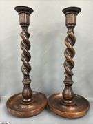6pcs, 3 Pair of Wooden Candlesticks with Barley Twist and Pricket Style Tallest Pair 14"
