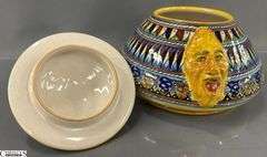 Deruta Ceramic Covered Bowl with Face Handles 8"x6" Tall