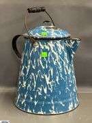 4 Blue and White Enamel Swirl Large Coffee Pot, Milk Jug, 2 Coffee Pots - Some wear/chipping - 12" of tallest