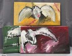 3 Alummoa Zumigo Winged Figure #13, 14 & 15 Abstract Mixed Media and Oil Paintings on Canvas Each Measures 27x14"