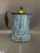 3 Swirl Enamelware Coffee Pot and Milk Jugs - 9" of tallest - some wear, chipping