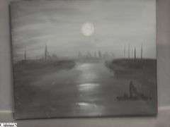 3 Mixed Media and Oil on Canvas by Alummoa Zumigo, Moonlit Canals, Hues of Green and Gray 27x22"