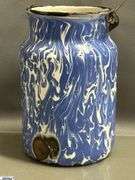 3pcs Swirl and Spatter Enamelware Milk Jugs - One missing lid - 8" of tallest - Some wear, chipping