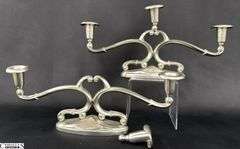 2 Made In Holland Pewter Candelabras, One Needs Repair 13.5"x6"