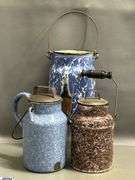 3pcs Swirl and Spatter Enamelware Milk Jugs - One missing lid - 8" of tallest - Some wear, chipping
