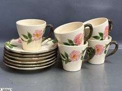 Franciscan Desert Rose Glasses, Mugs, Teacups and Saucers - 7" of largest, some chipping - Approx 36pcs