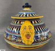 Deruta Ceramic Covered Bowl with Face Handles 8"x6" Tall