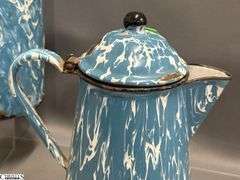 4 Blue and White Enamel Swirl Large Coffee Pot, Milk Jug, 2 Coffee Pots - Some wear/chipping - 12" of tallest