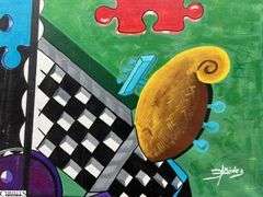 Jose Mendez Puzzle, Colorful Modern Acrylic Painting on Canvas 95x27" Tall As It Sits