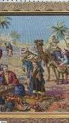 Framed Tapestry, Middle Eastern Marketplace Scene With People, Camels, and Horses Measures 60x24"