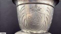 Pewter Guild Cup, Knight Top Engraved “Handwerk der Schmiede Gewidmet”, Some Wear 18” Tall