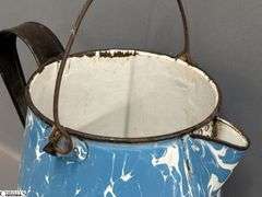 3 Enamelware Coffee Pots and Small Lidded Jug - 10" of tallest - some wear, chipping